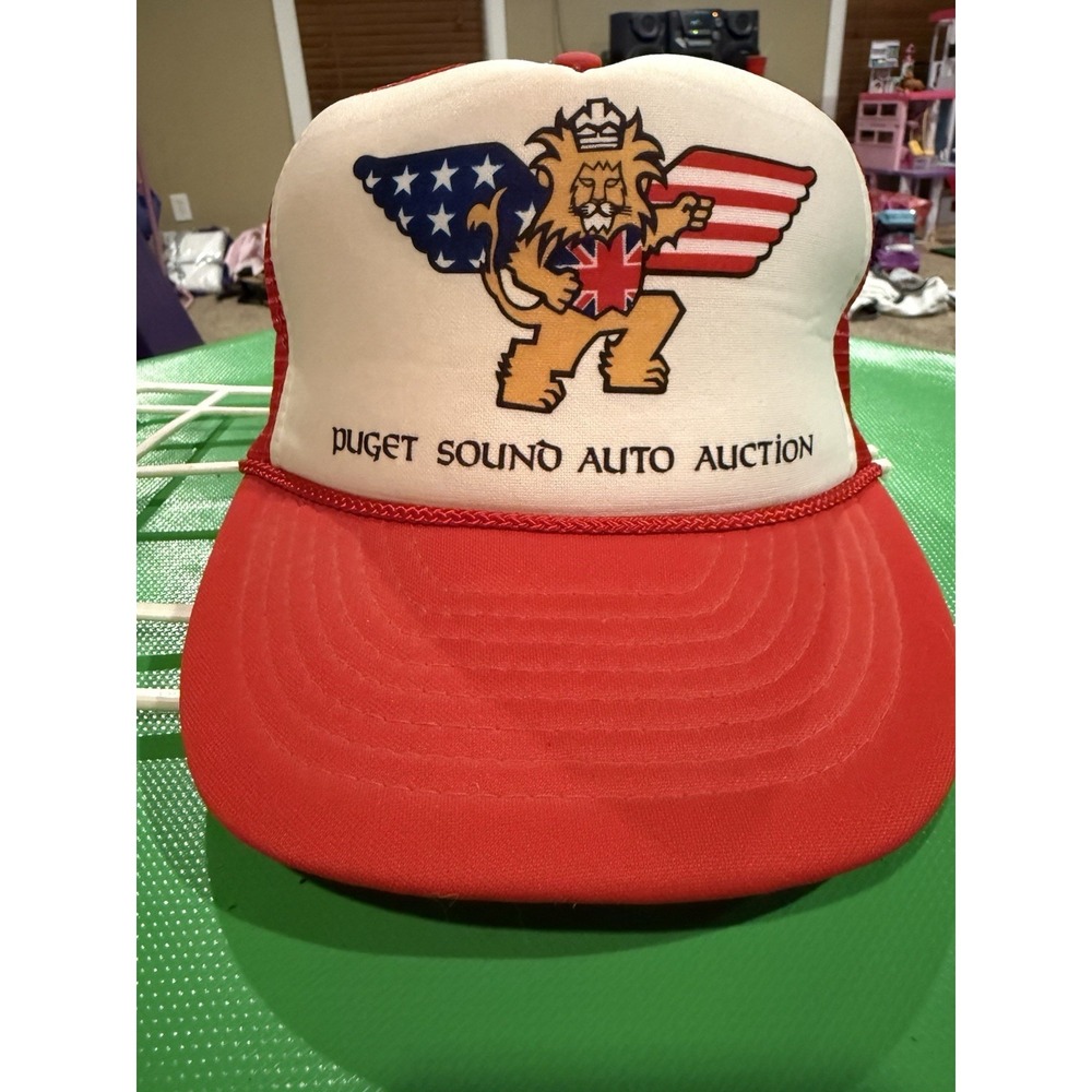 Vintage 80s Puget Sound Auto Auction Trucker Hat Lion USA UK Otto Snapback